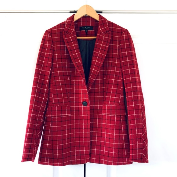 Rag And Bone Blazer Hazel Check Plaid Red Wool Blend Flannel Jacket 1 Btn Size 2 - Picture 1 of 8